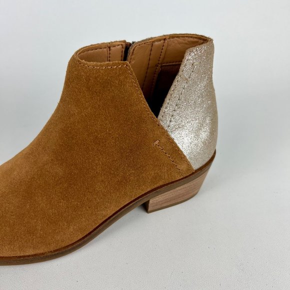 Frye Caden Womens Suede Notched Ankle Bootie Cognac Tan Metallic Heel size 6 - Picture 11 of 16
